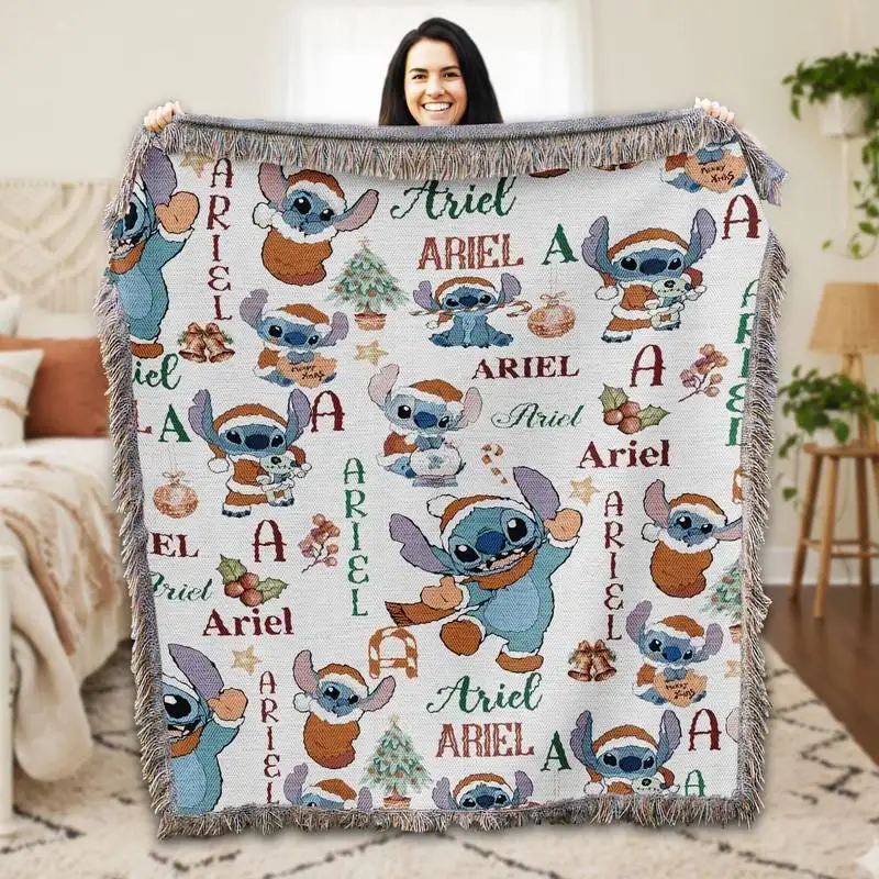 Personalized Disneyland Stitch Christmas Woven Blanket Custom Lilo Stitch Xmas Blanket Disneyland Stitch Xmas Gift Disneyland Xmas Blanket