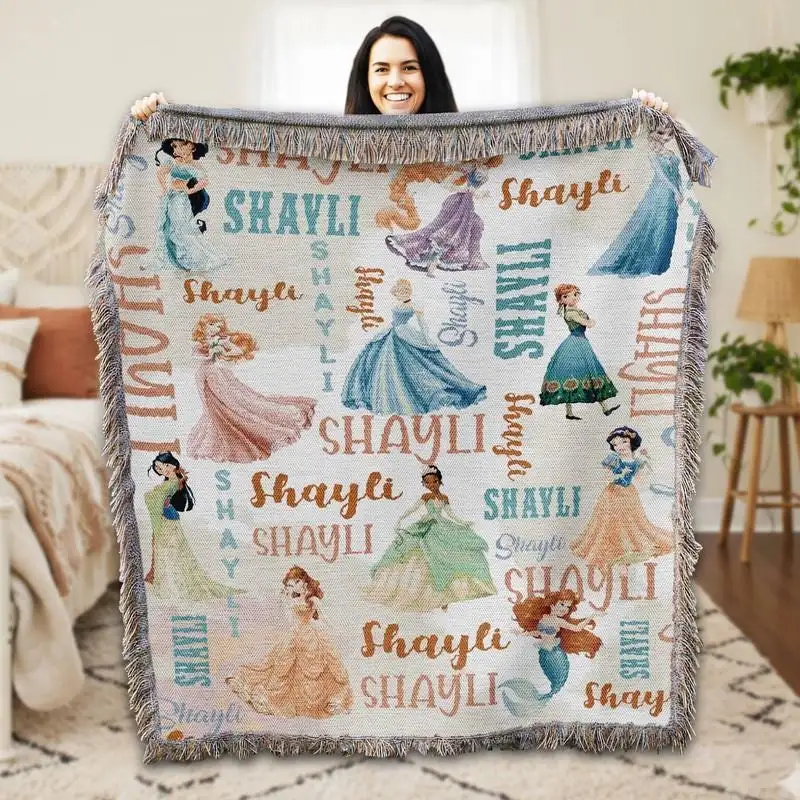 Personalized Disneyland Princess Woven Blanket, Disneyland Princess Blanket, Custom Coquette Bows Princess Blanket, Birthday Girl Blanket 16