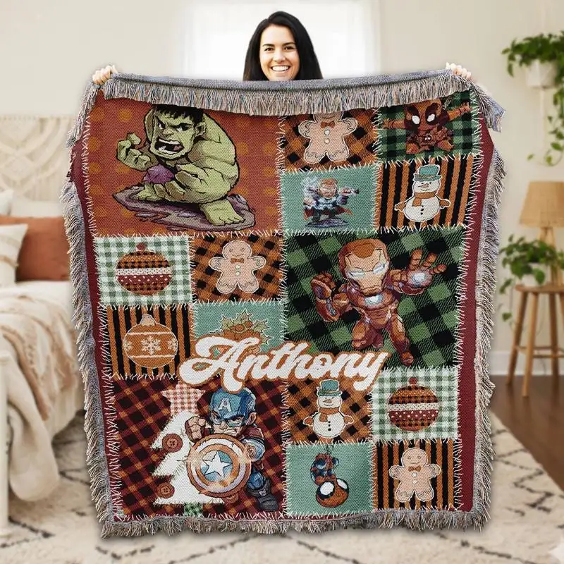 Personalized Mcu Christmas Woven Blanket, Disneyland Christmas Blanket, Captain America Iron Man Hulk Blanket, Superhero Christmas Blanket