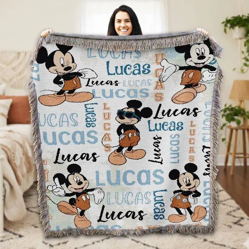 Personalized Watercolor Mickey Mouse Woven Blanket, Disneyland Blankets 18, Mickey Birthday Gifts, Custom Name Disneyland Mickey Blanket