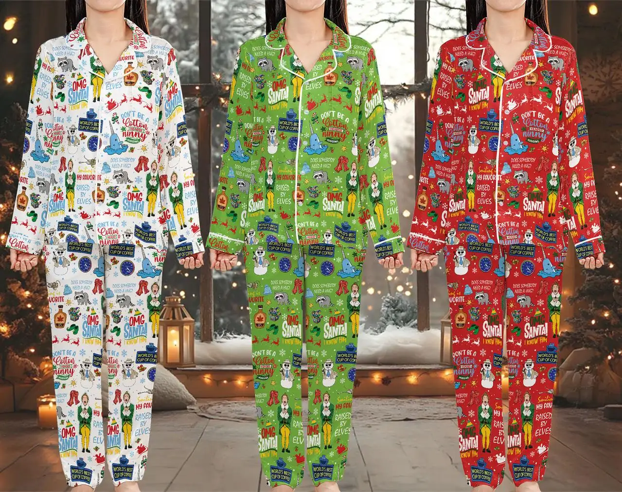 Buddy Elf Christmas Pajamas Set for Women Santa Buddy Elf Holiday Pajamas Omg Santa Know Christmas Movie Pajamas Family Matching Pajamas 02