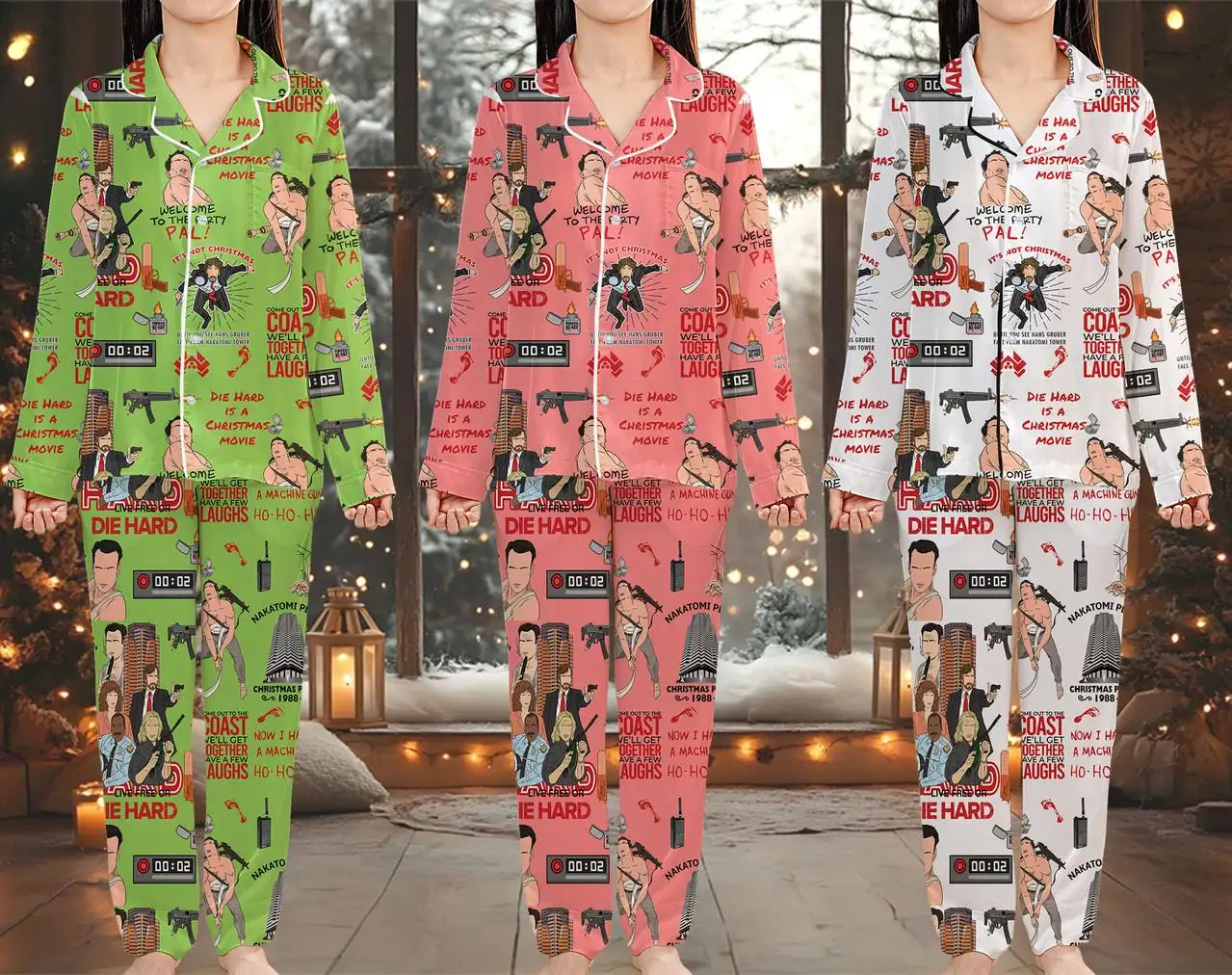 Die Hard Christmas Pajamas Set For Women Hans Gruber Pajamas John McClane Xmas Pajamas Movie Holiday Xmas Gift Family Christmas Pajamas Set
