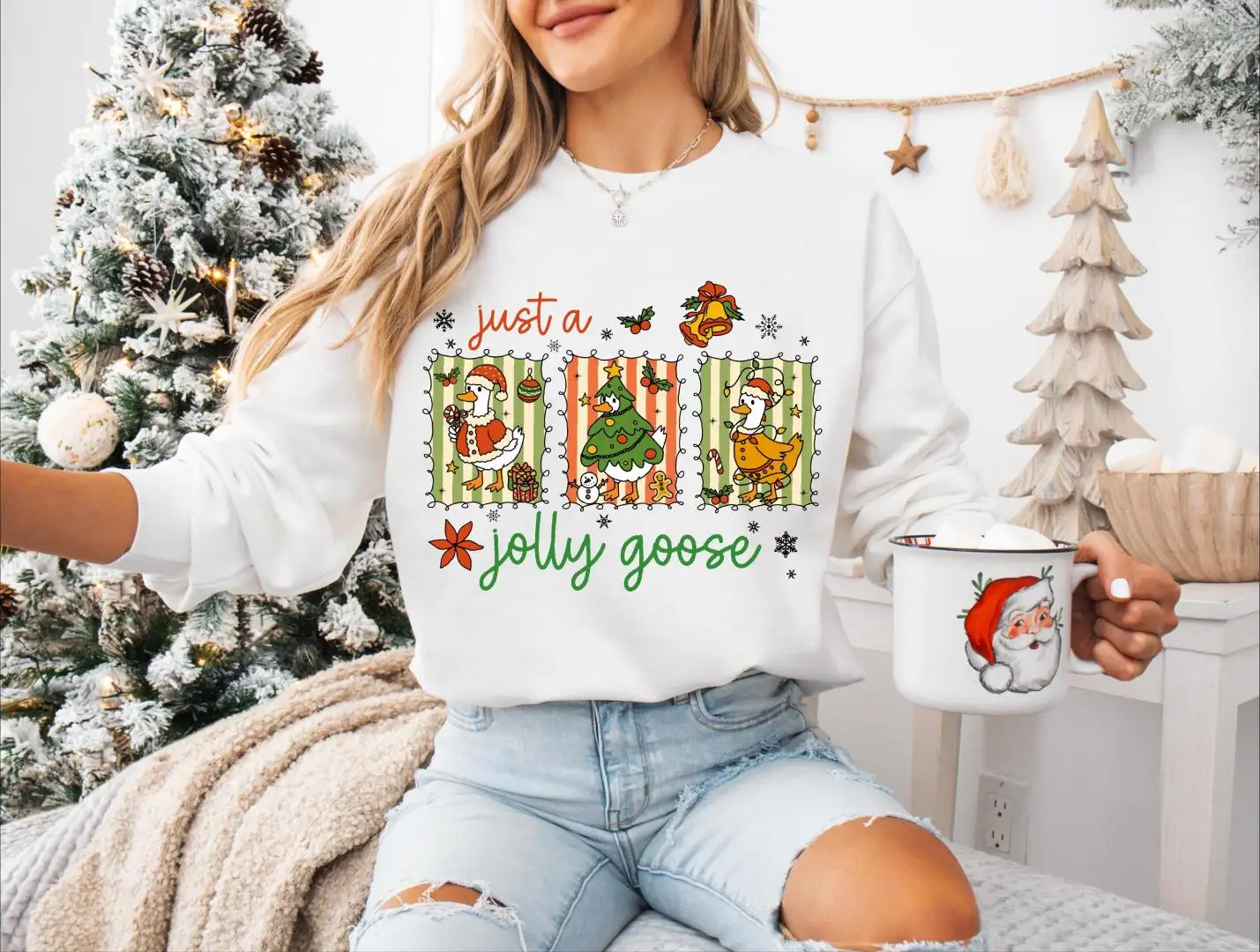 Just A Jolly Goose Christmas Shirt, Christmas Lights Tree Jolly Shirt, Cute Christmas Goose Sweater, Funny Christmas Sweatshirt