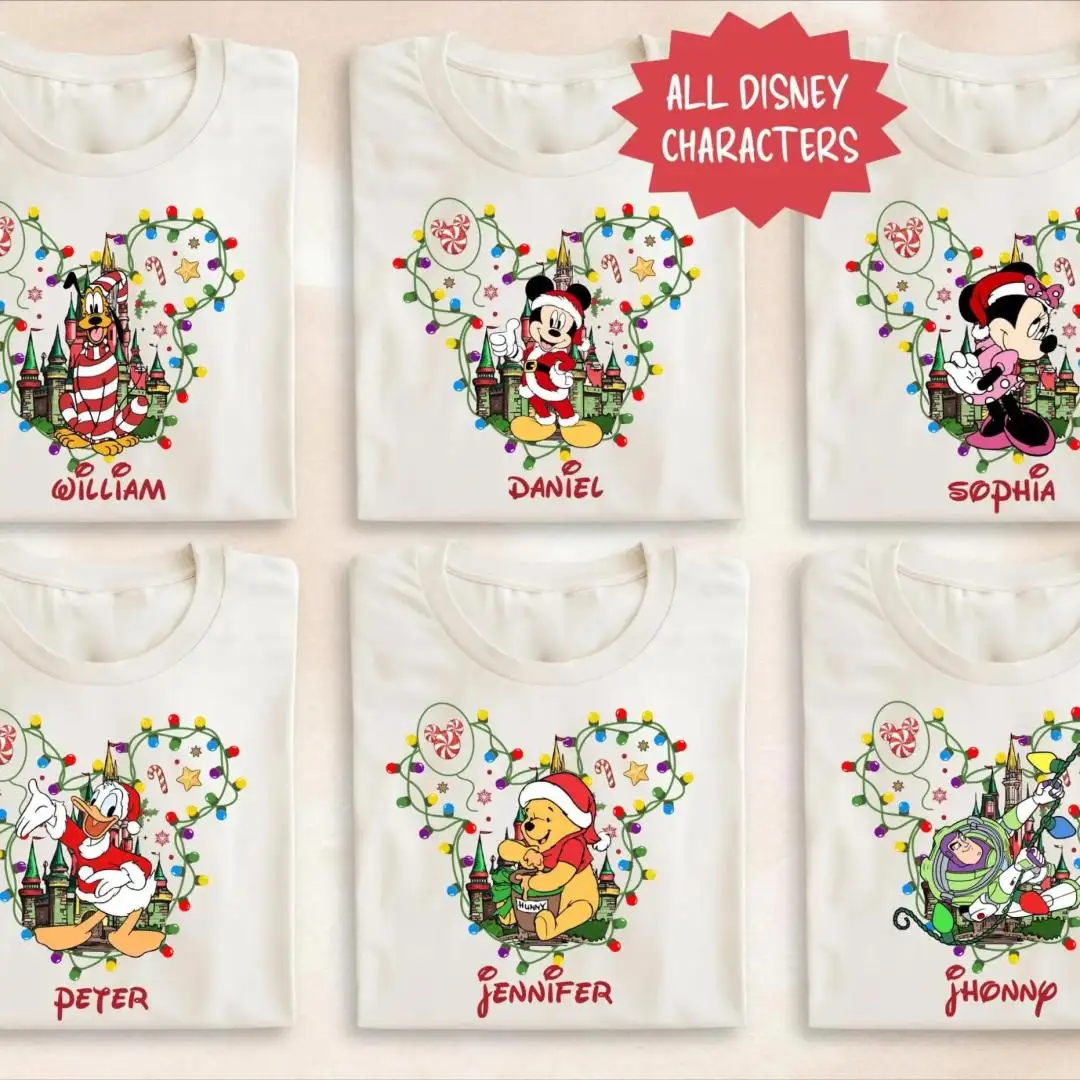 Christmas Lights Mickey Head Disney Characters Shirt, Disney All Characters Christmas Custom Sweatshirt, Disney Matching Family Xmas Tee