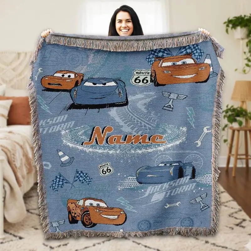 Personalized Cars Movie Woven Blanket, Christmas Blanket Birthday Gifts, Custom Name Lightning McQueen Blanket, Family Christmas Blanket