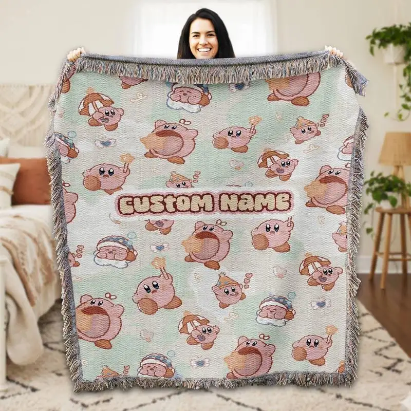 Personalized Kirby Woven Blanket, Christmas Birthday Gifts 31, Kirby Video Games Blanket, Custom Pink Kirby Blanket, Custom Name Blanket