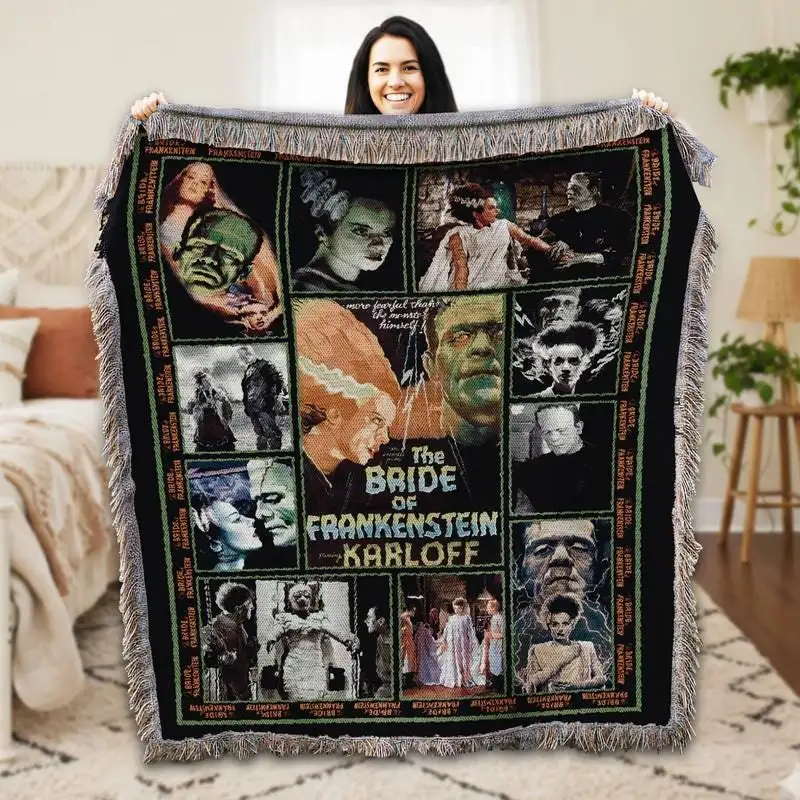 Bride of Frankenstein Woven Blanket, Frankenstein Vintage Horror Movie Blanket, Horror Christmas Decor Gift, Frankenstein Blanket