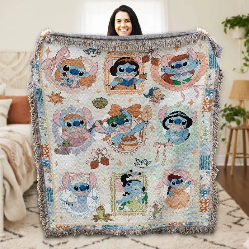Disneyland Stitch Princess Woven Blanket, Lilo and Stitch Blanket, Stitch Christmas Gift Blanket, Belle Aurora Elsa Ariel Moana Blanket
