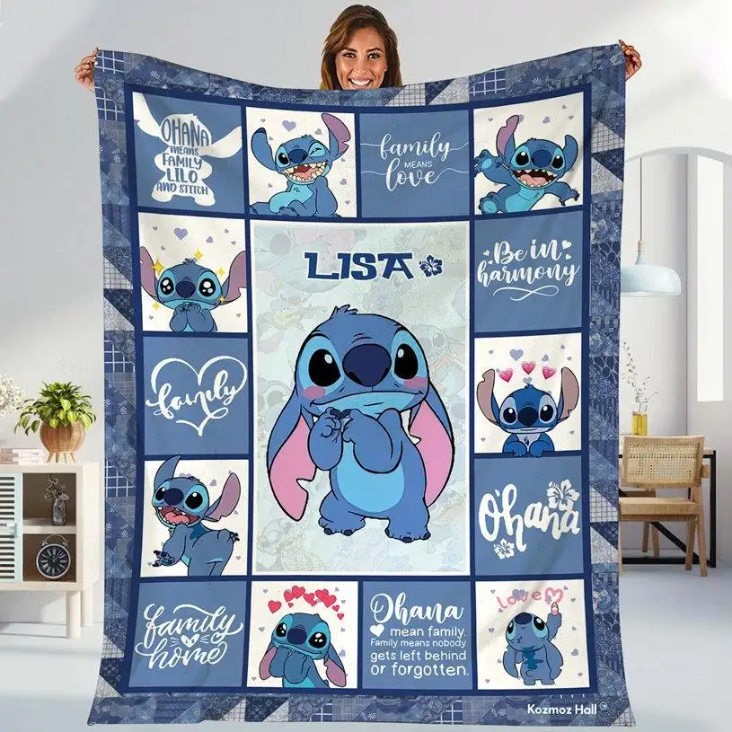 Personalized Stitch Blanket, Stitch Birthday Gifts Blanket, Custome Lilo Stitch Blanket, Angel Stitch Christmas Gifts For Boys Girls Blanket