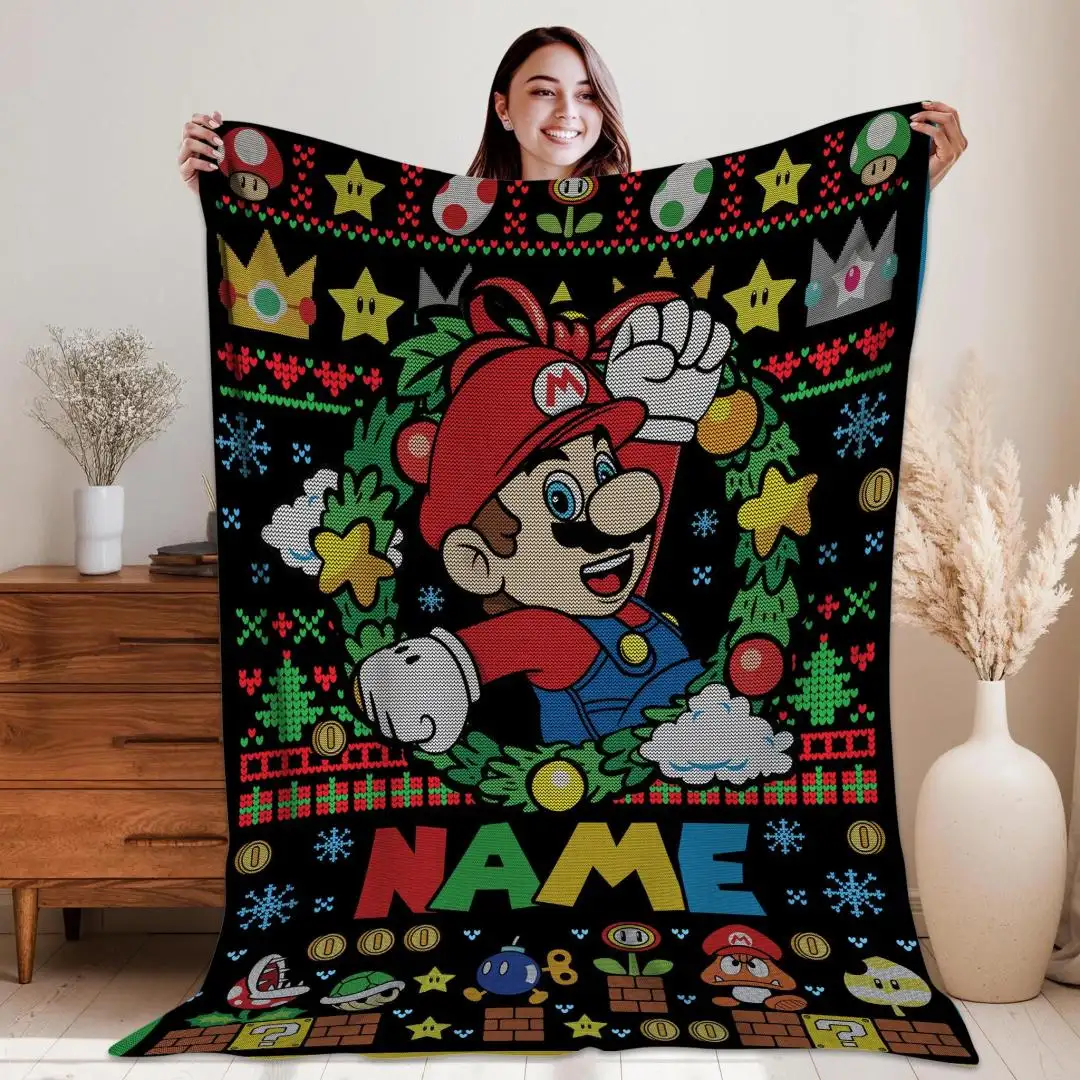 Persionalized Mario Ugly Christmas Blanket Princess Peach Bowser Christmas Blanket Super Mario Lovers Blanket Birthday Gift
