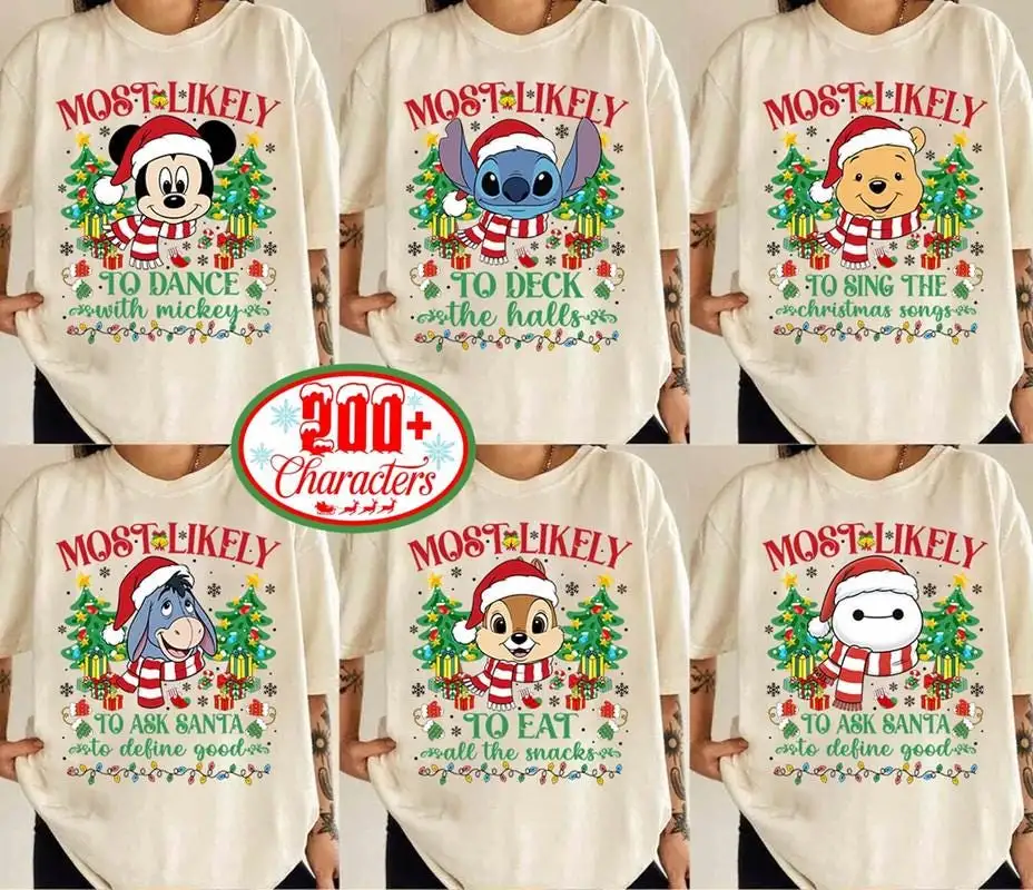 Personalized Disneyland All Characters Most Likely To Christmas Shirts, Disneyland Trip Xmas Party 2025 Shirts, Family Pajamas Matching Tees