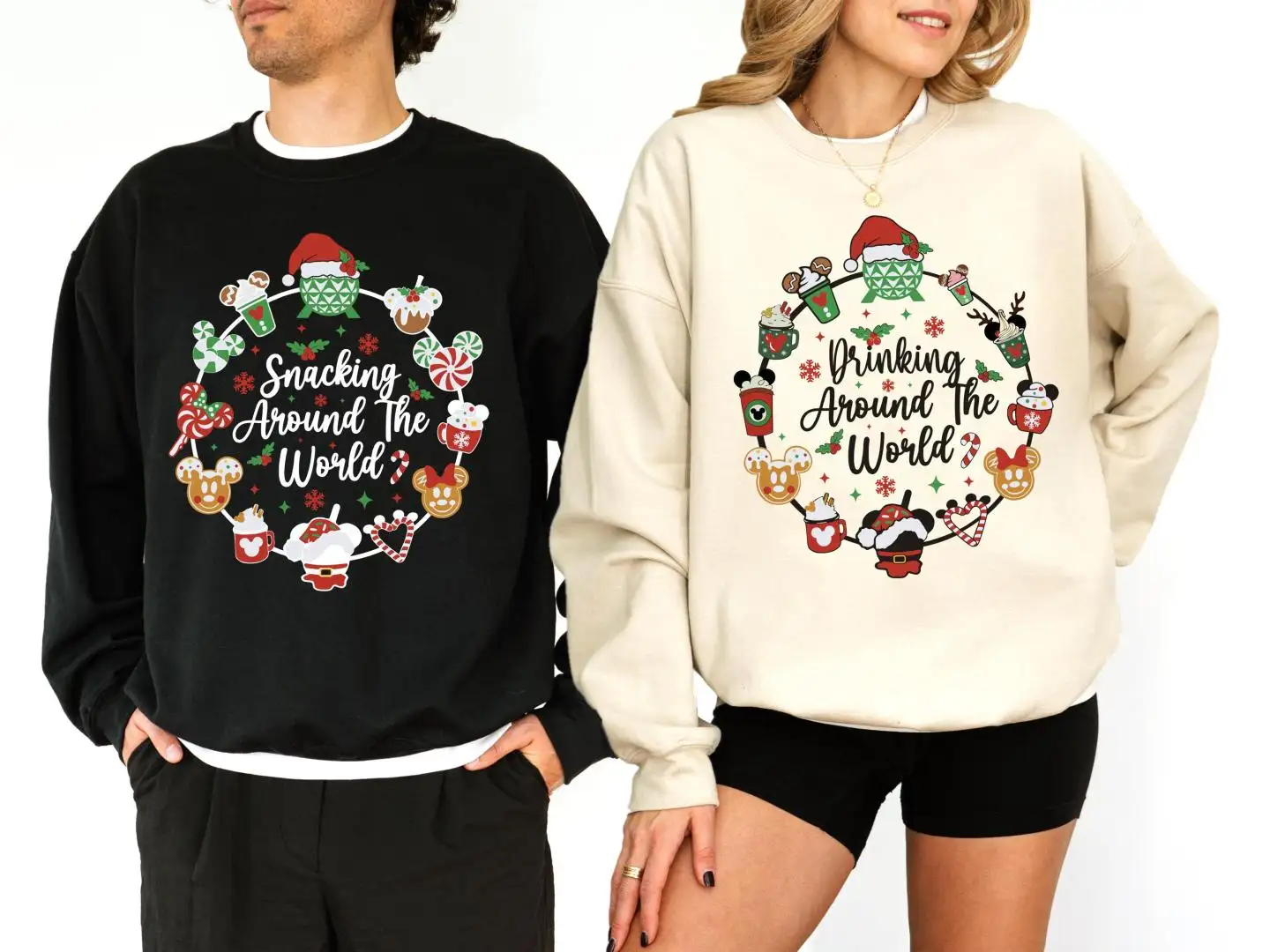 Disney Snacking Drinking Around the World Christmas Shirt, Disney World Snacking and Drinking Couple Christmas Sweater, Matching Christmas