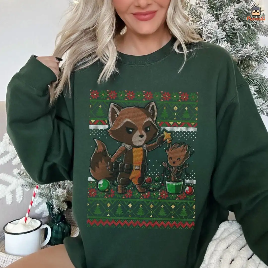 Rocket Raccoon Groot Ugly Christmas Shirt, Guardians of the Galaxy Sweatshirt, Baby Groot Ugly Xmas Sweatshirt, Christmas Vacation Shirt