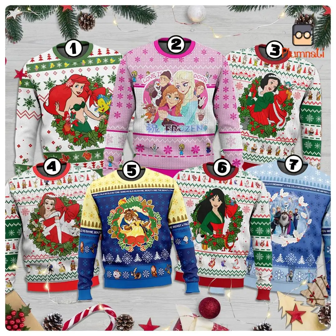Disneyland Princess Ugly Christmas Sweater, Women Christmas Gift, Princess Christmas Sweatshirt, Ariel Belle Snow White Christmas Sweater