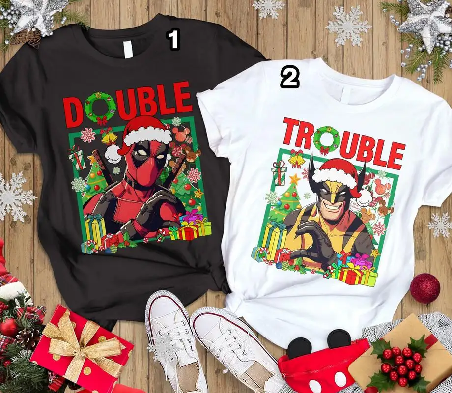 Disneyland Deadpool And Wolverine Double Trouble Christmas Shirt Superhero Christmas Tee Bestie Matching Xmas Tee Disneyland Family Vacation