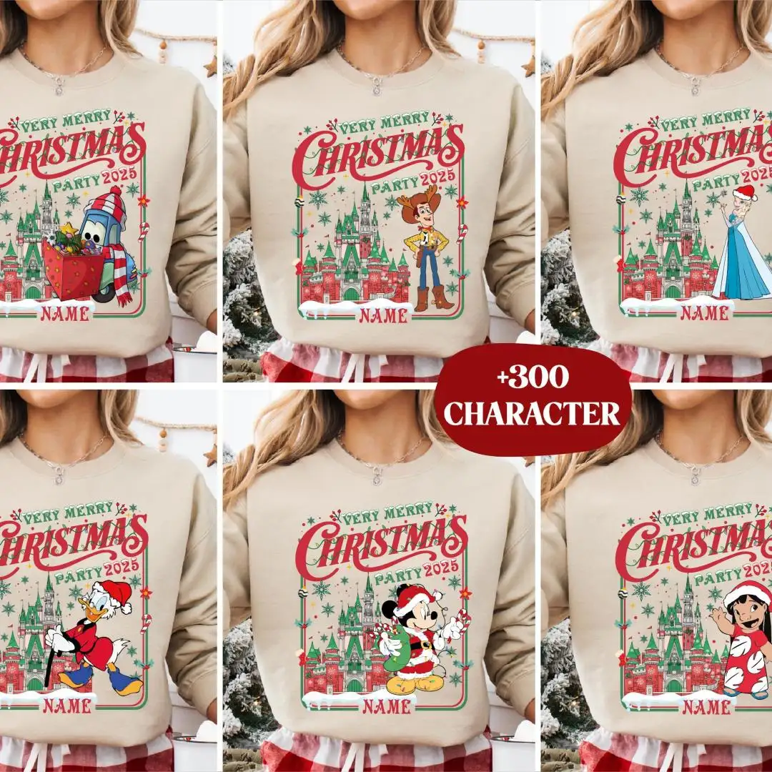 Very Merry Christmas Party 2025 Disney Characters Shirt, Disney World Christmas Castle Custom Tee, Disney Matching Family Xmas Sweater