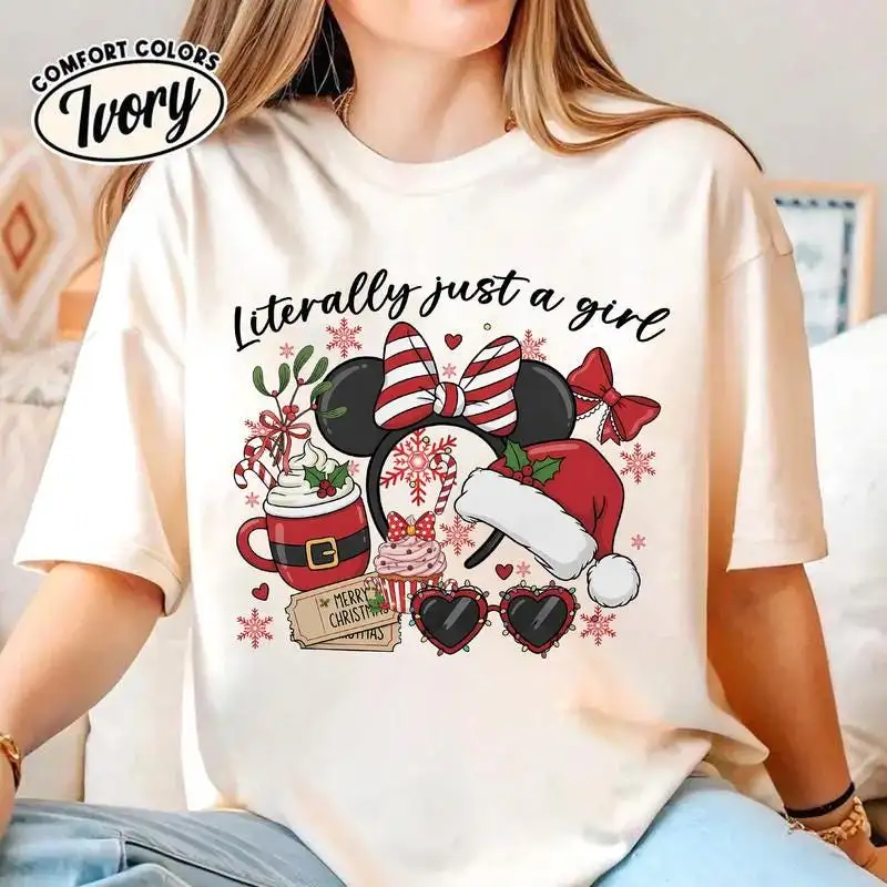 Comfort Colors Coquette Bows Literally Just A Girl Christmas Shirt Disneyland Minnie Christmas Tee Mickey's Very Merry Christmas Party 2025