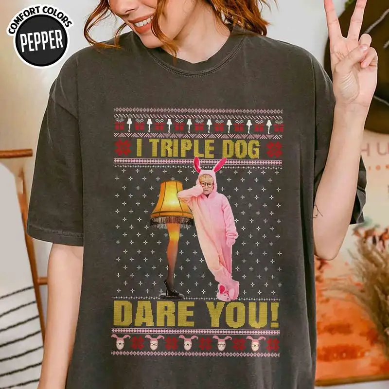 Comfort Colors I Triple Dog Dare You Ugly Christmas Shirt Ralphie Leg Lamp Christmas Shirt A Christmas Story Shirt Family Matching Xmas Tee