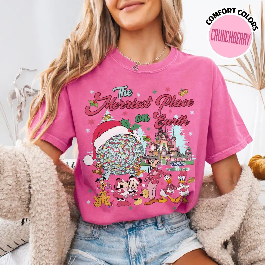 Disneyland Epcot Christmas Shirt, Mickey And Friends Xmas Shirt, The Merriest Place On Earth Tee, Disneyworld Family Trip Xmas 2025 Shirt