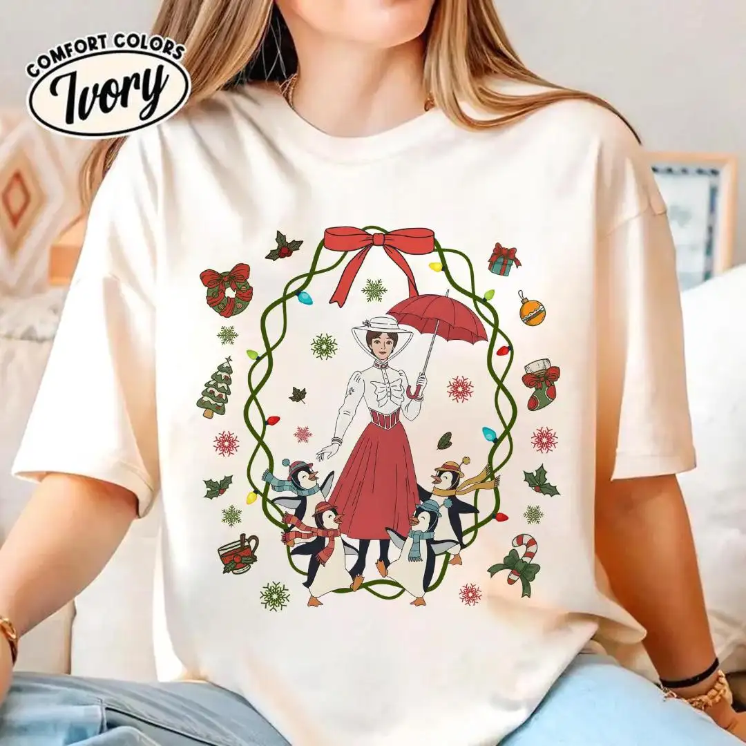 Mary Poppins Oh It's A Jolly Holiday Santa Penguins Christmas Light Shirt, Disneyland Vacation Family Tee, Mickey's Very Merry Xmas Tee