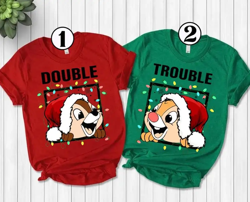 Comfort Colors Double and Trouble Christmas Shirt, Chip n Dale Christmas Sweatshirt, Disneyland Christmas Couple Shirt, Holiday Xmas Sweater