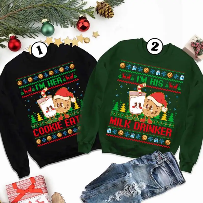 Matching Couple Christmas Sweater, Holiday Xmas Sweater, I'm His Milk Drinker I'm Her Cookie Eater Sweatshirt, Funny Christmas Couple Shirt