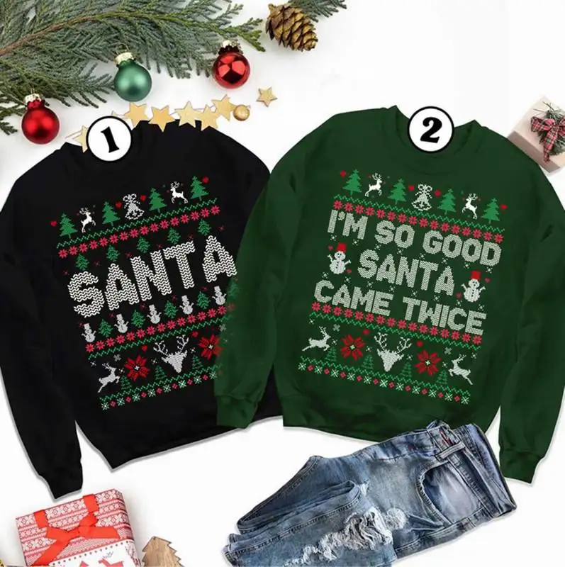 Funny Couples Ugly Christmas Sweatshirt, Ugly Christmas Party 2025 Shirts, Santa Came Twicee Shirts, Couples Matching Ugly Christmas Shirt