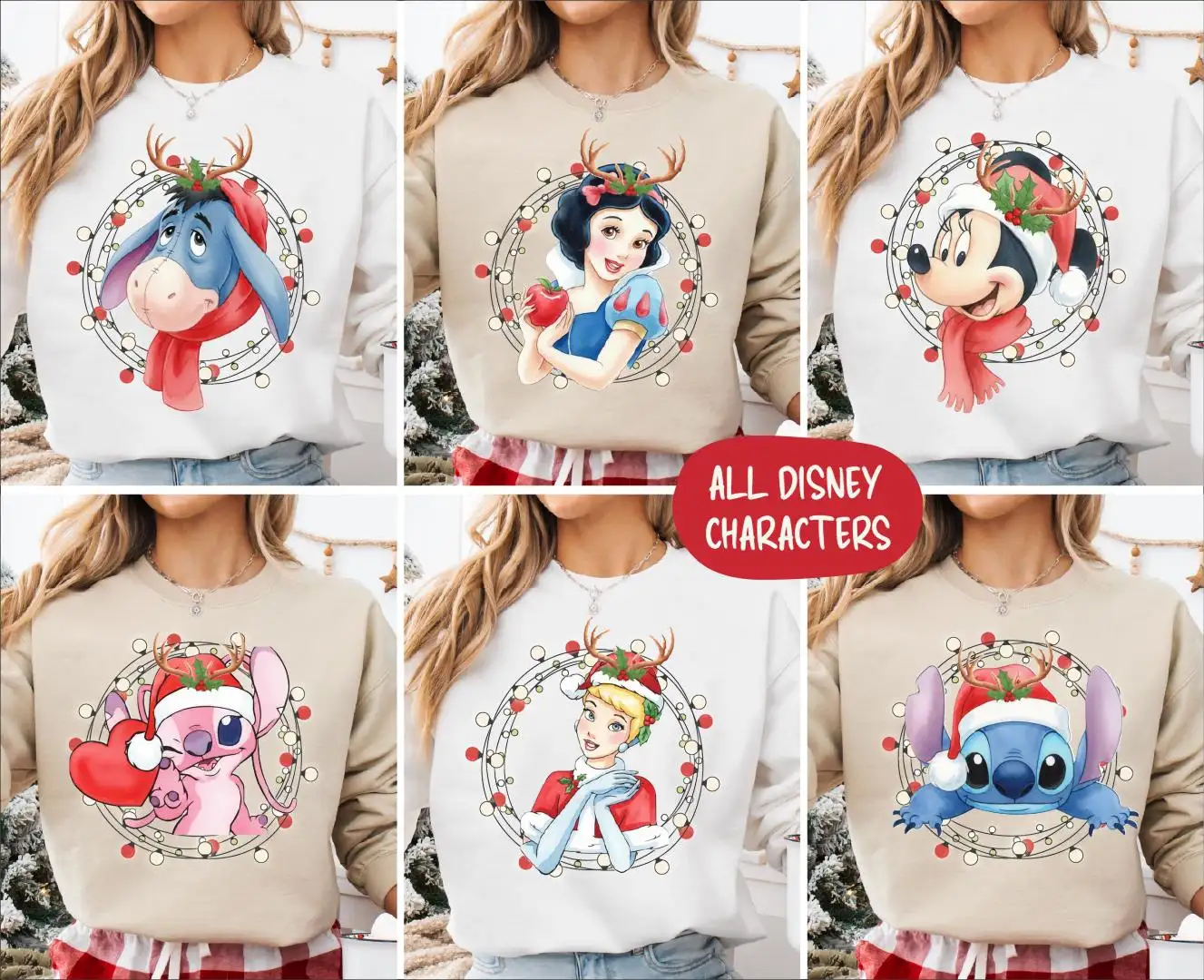 Disney Characters Watercolor Christmas Shirt, Disney Matching Christmas Sweatshirt, Disney World Family Trip Xmas Sweater, Christmas Lights