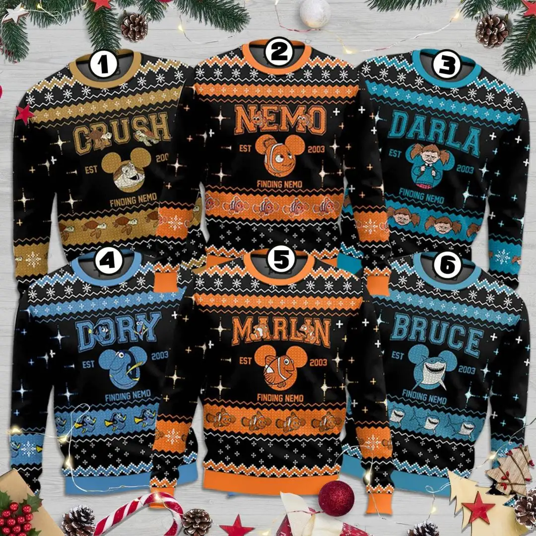 Finding Nemo Ugly Christmas Sweater, Disneyland Group Shirts, Christmas Movie Ugly Sweatshirt, Santa Nemo Dory Marlin Christmas Sweatshirt