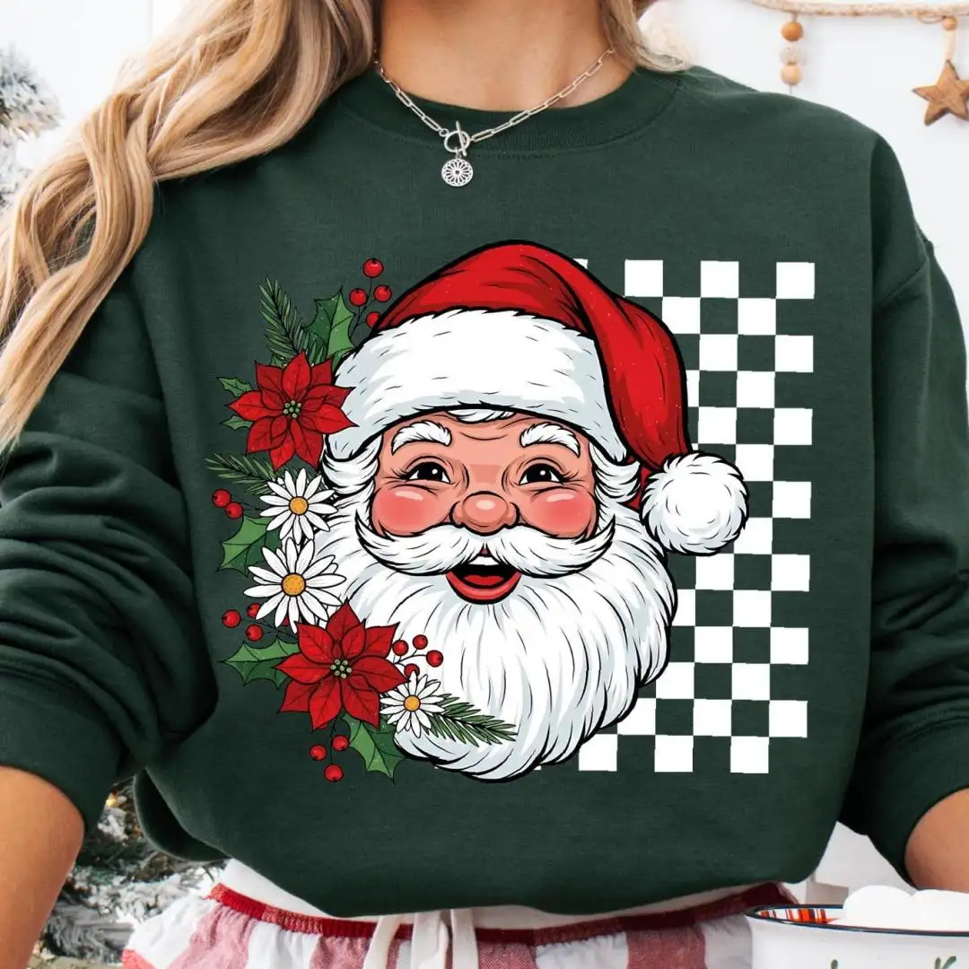 Floral Checkered Santa Christmas Shirt, Cute Santa Jolly Xmas Tee, Tis' The Season Santa Sweatshirt, Merry Christmas Santa Sweater