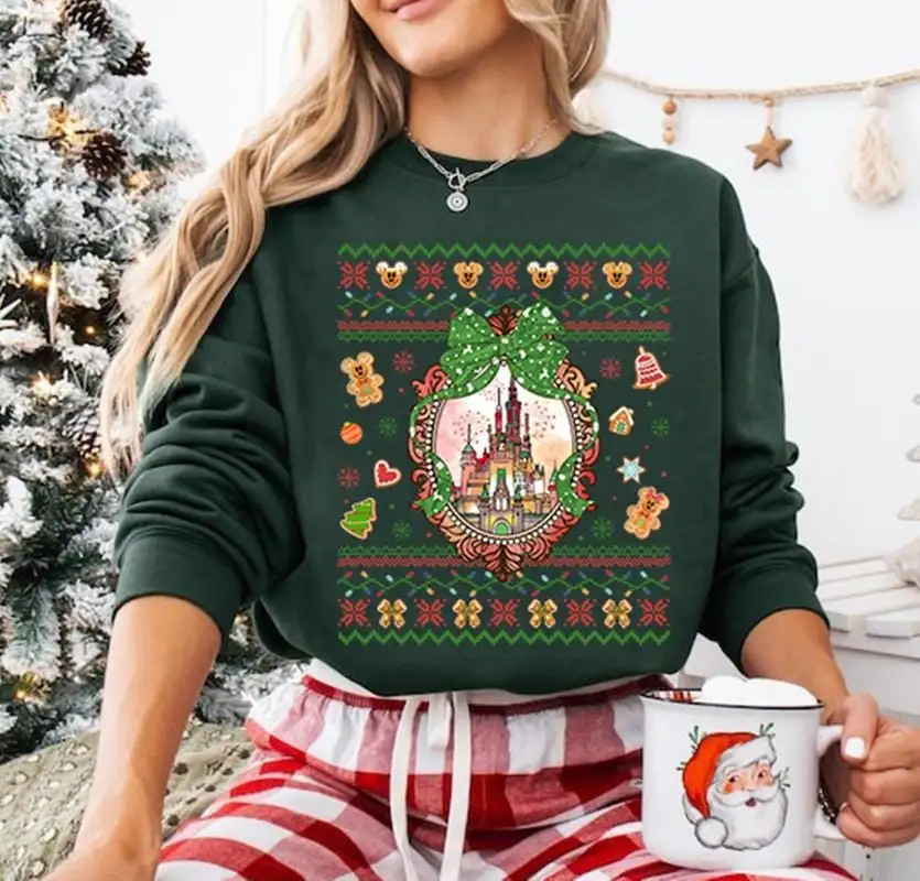 Coquette Bows Disneyland Castle Ugly Christmas Sweater, Disneyland Xmas Trip, Disneyland Christmas Sweatshirt, Magic Kingdom Christmas Shirt