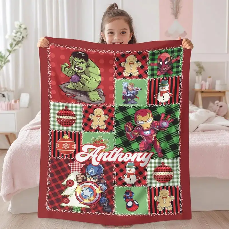 Personalized Avengers Christmas Blanket, Superhero Christmas Throw Blankets For Bed Couch Sofa 76, Captain America Iron Man Hulk Blanket