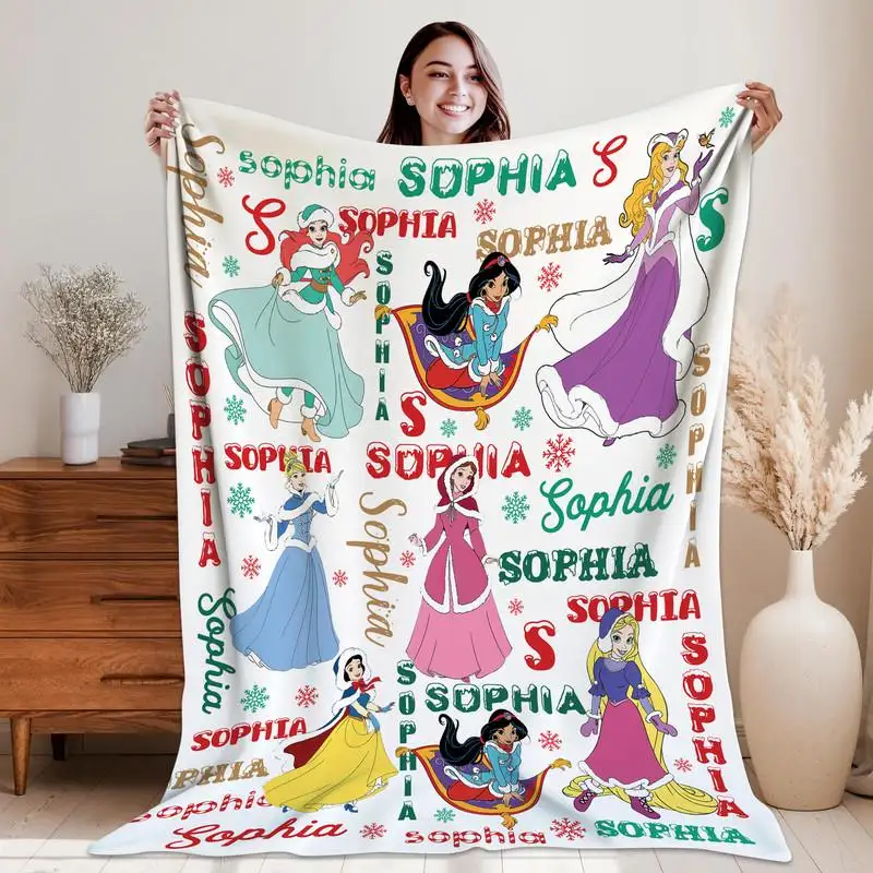 Personalized Disneyland Princess Christmas blanket, Coquette bows Xmas Blanket, Birthday Girl gift 01, Princess Very Merry Christmas blanket
