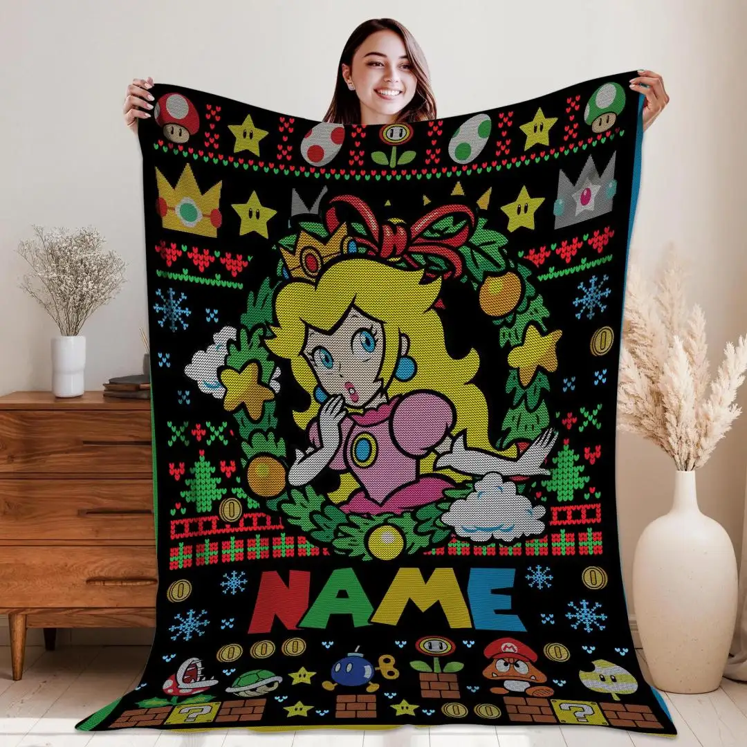 Persionalized Princess Peach Ugly Christmas Blanket Princess Peach Xmas Blanket Throw Blanket Super Mario Princess Peach Lovers Blanket