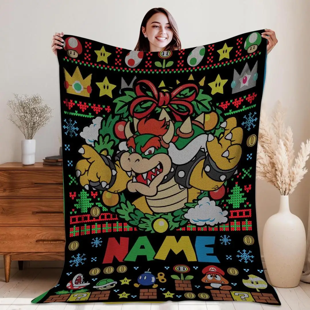 Persionalized Super Mario Bowser Ugly Christmas Blanket, Super Mario Bowser Christmas Blanket, Bowser Lovers Blanket, Birthday Blanket