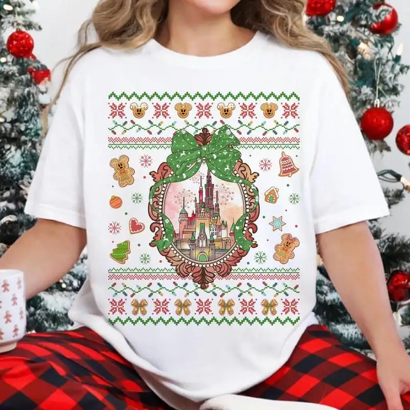 Coquette Bows Disneyland Castle Christmas Shirt, Magic Kingdom Christmas Shirt, Disneyland Christmas Family Shirt, Disneyland Xmas Trip 00