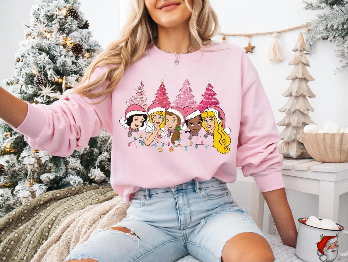 Disney Princesses Pink Christmas Trees Shirt, Disney Girls Trip Christmas Sweatshirt, Christmas Lights Tee, Holiday Season Sweater
