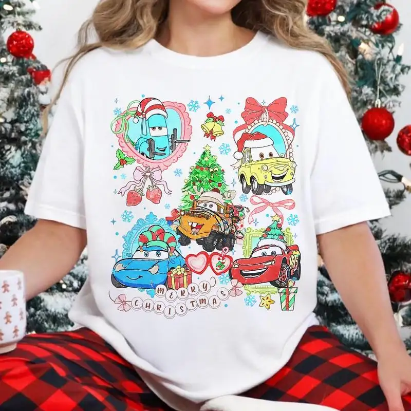 Watercolor Cars Christmas Coquette Bow Shirt, Disneyland Family Matching Vacation Shirt 10, McQueen Christmas Shirt, Christmas Party 2025