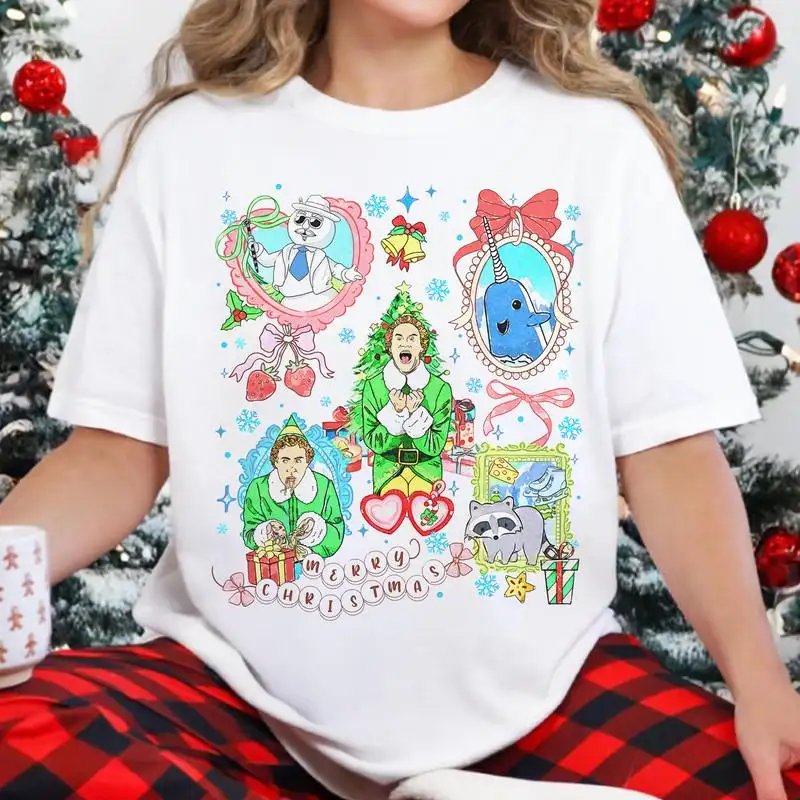 Watercolor Merry Christmas Buddy The Elf, Xmas Christmas Elf Family Group Matching Tee 19, Coquette Bow Christmas Movie Christmas Shirt