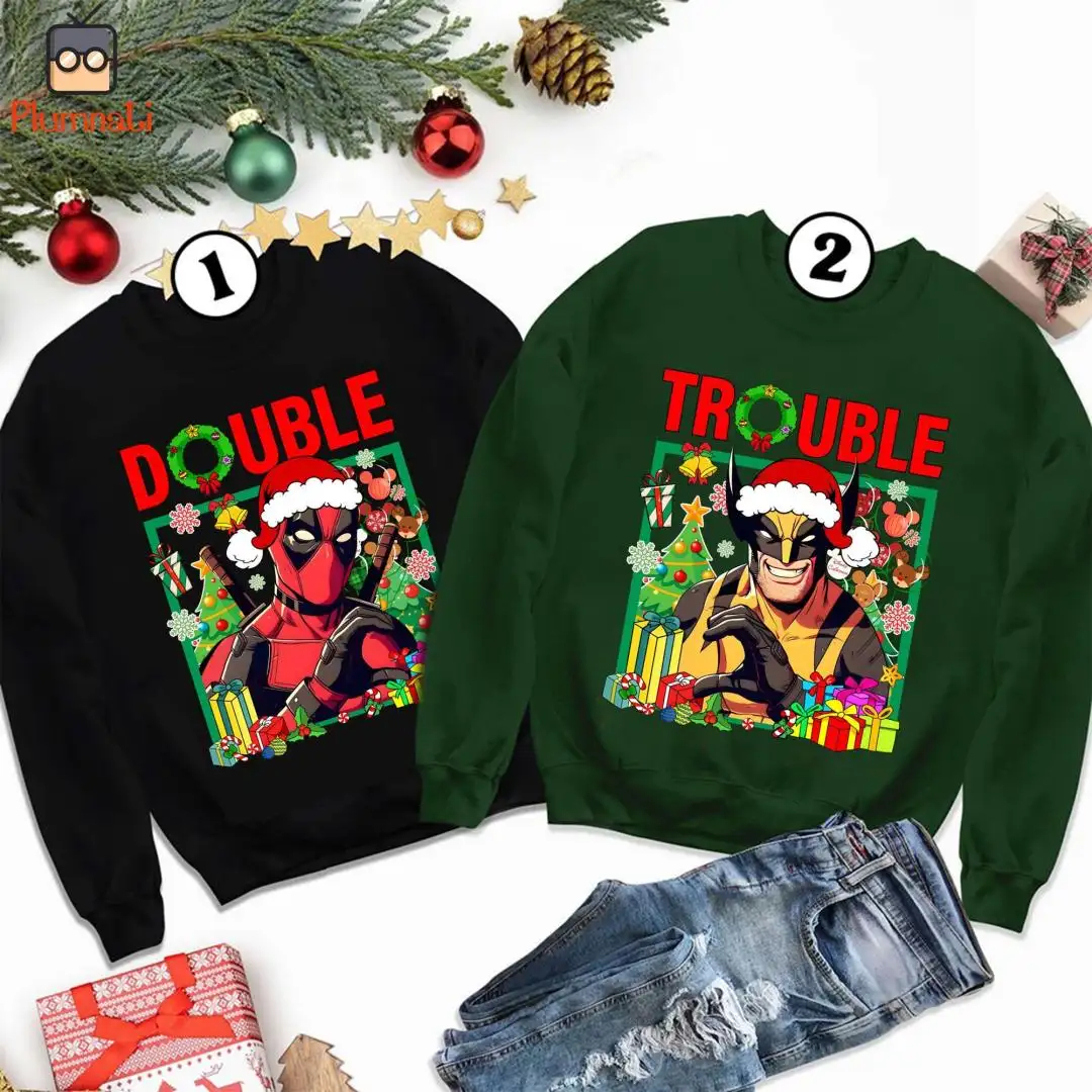 Deapool Wolverine Christmas Shirt, Double Trouble Shirt, Deapool 3 Christmas Sweatshirt, Christmas Matching Shirt, Superhero Sweatshirt