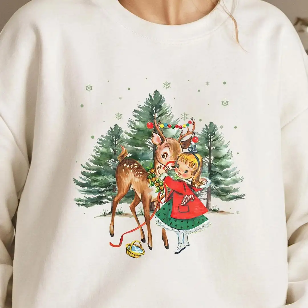 Vintage Christmas Girl and Reindeer Shirt, Retro 1950's Christmas Sweater, Retro Christmas Shirt, Christmas Tree Sweatshirt, Christmas Party