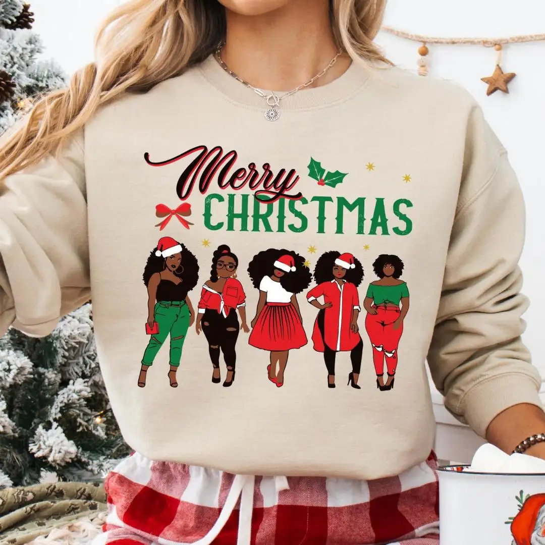 Merry Christmas Shirt, African American Woman Christmas Sweatshirt, Winter Holiday Sweater, Santa Black Girl Christmas Hoodie
