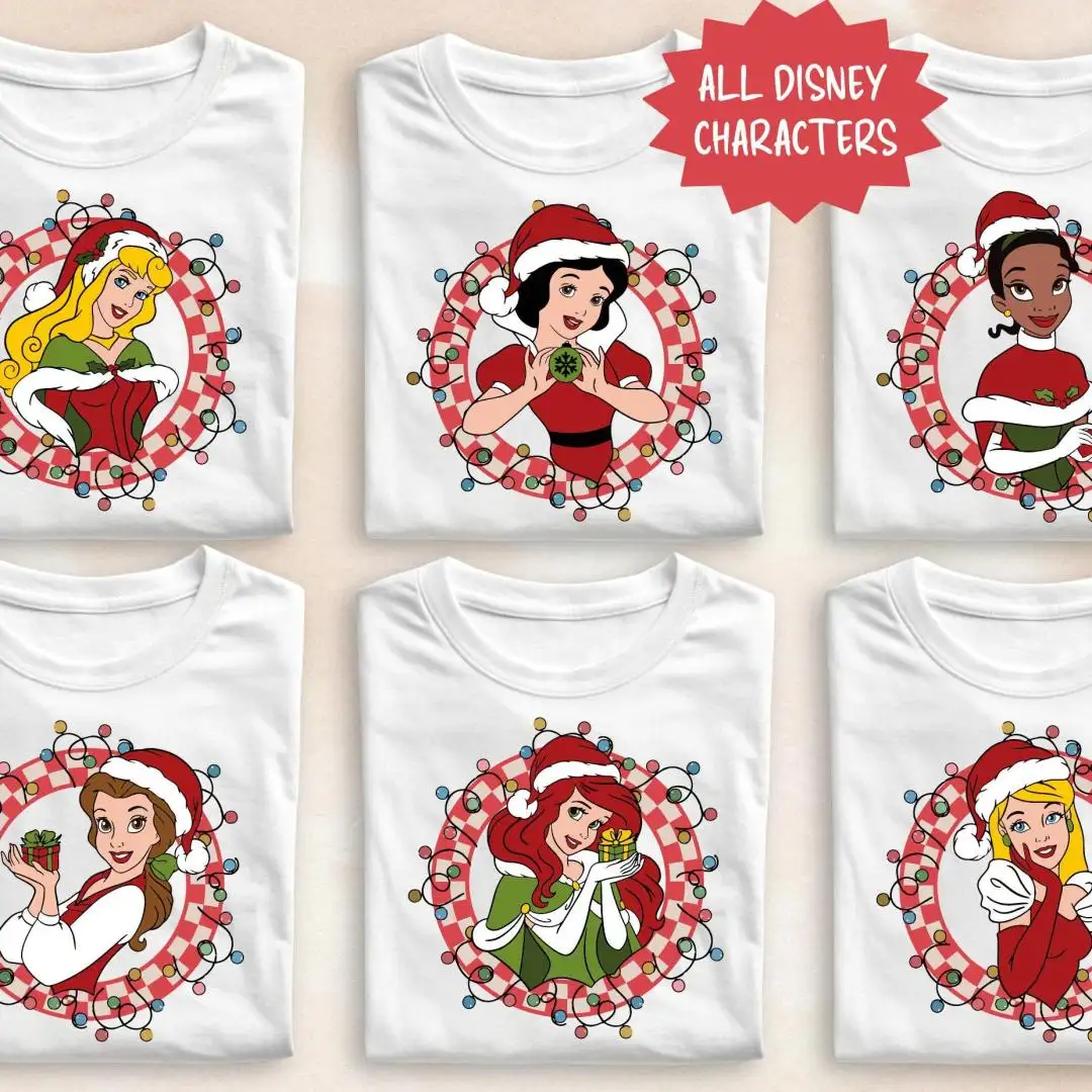 Disney Princess Checkered Christmas Shirt, Disney World Princess Girls Trip Christmas Sweater, Disney All Characters Matching Retro Xmas Tee