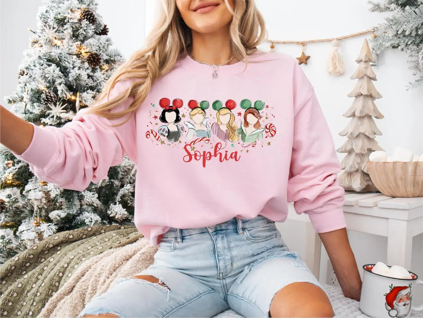 Personalized Christmas Disney Princesses Sweatshirt, Rapunzel Snow White Anna Cinderella Xmas Shirt, Disneyland Girls MVMCP Hoodie