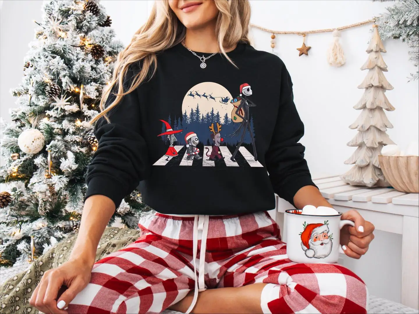 Disney The Nightmare Before Christmas Crosswalk Sweatshirt, Santa Claus And Reindeers Tee, Jack Skelington Spooky Shirt, Disneyland Trip Tee