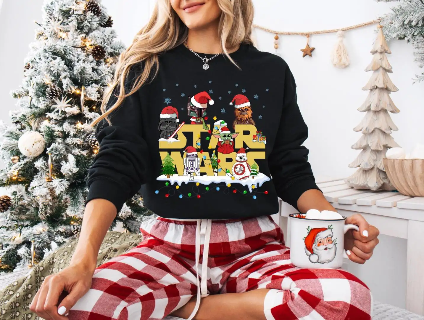 Star Wars Christmas Shirt, Darth Vader Chewbacca Baby Yoda BB-8 R2-D2 Mandalorian Xmas Tee, Star Wars Winter Holiday Sweatshirt