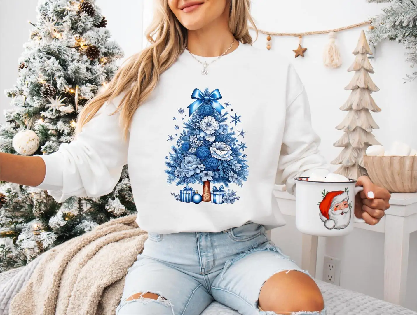 Coquette Christmas Tree Bow Shirt, Blue Christmas Tree With Flowers And Gift Tee, Merry Christmas Sweatshirt, Holiday Party Sweater