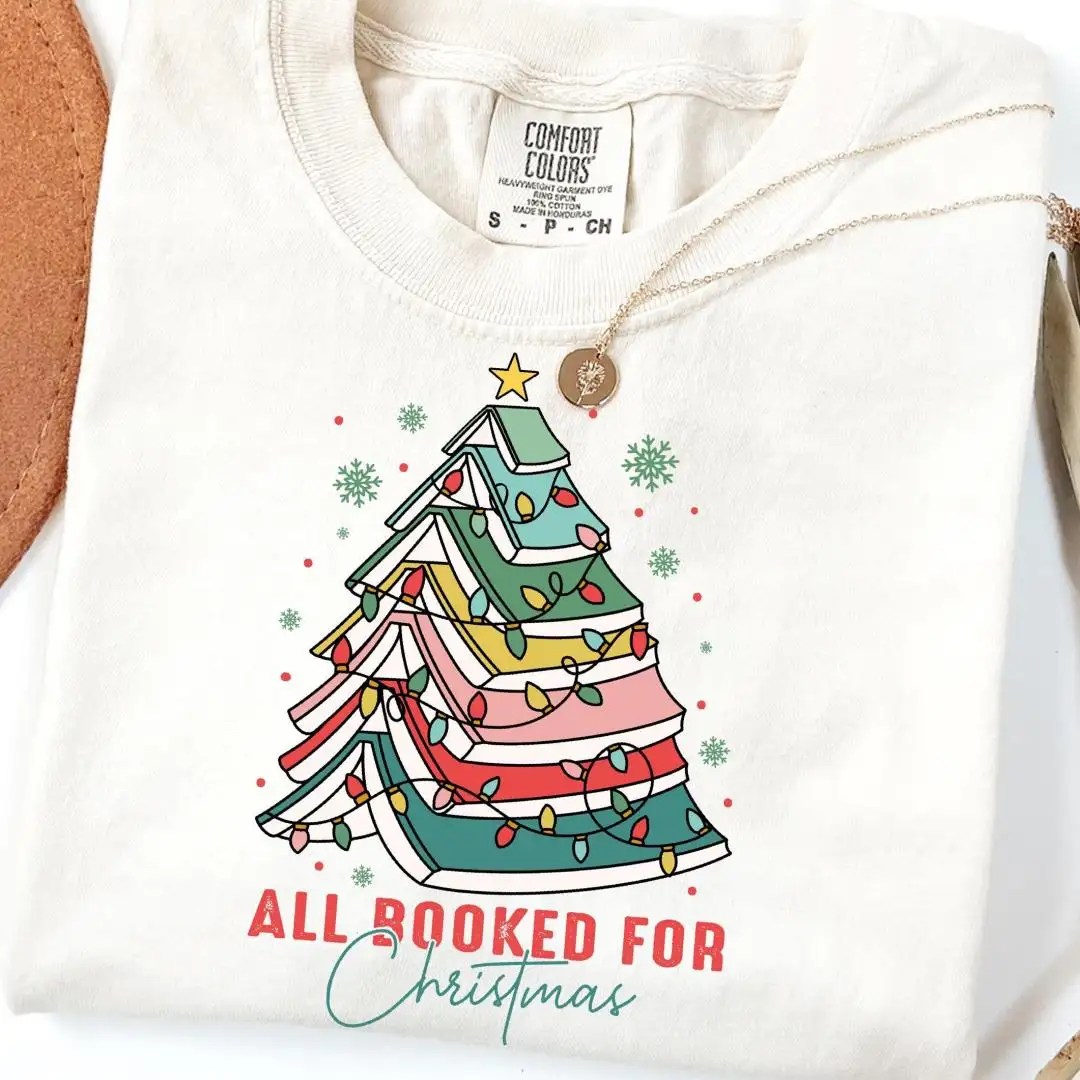 Comfort Colors® All Booked For Christmas Shirt, Christmas Tree Sweater, Bookworm Christmas Lights Tee, Merry Christmas Book Lover Sweatshirt