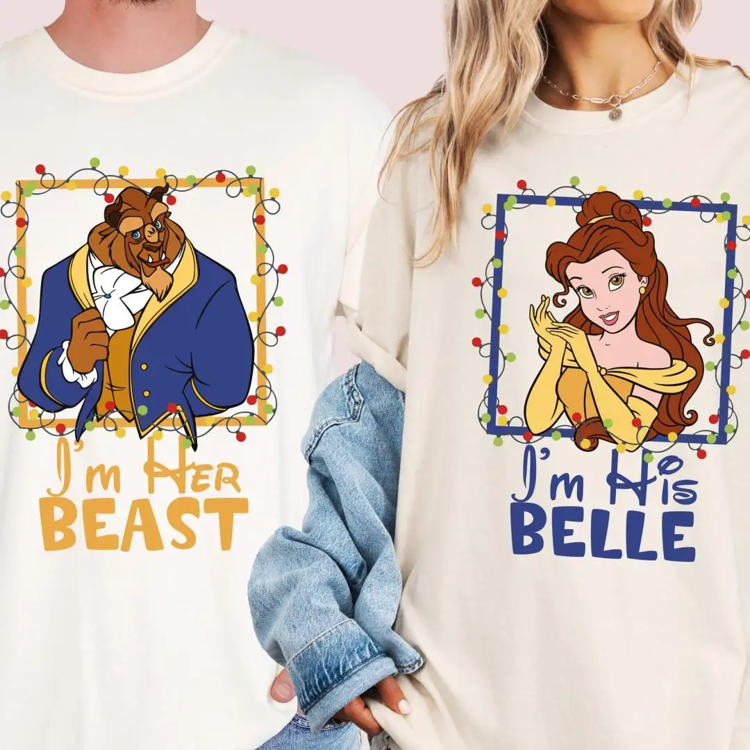 Disney Beauty and The Beast His Her Christmas Shirt, Christmas Couple Matching Sweater, I’m Her Beast I’m His Belle Christmas Sweatshirt