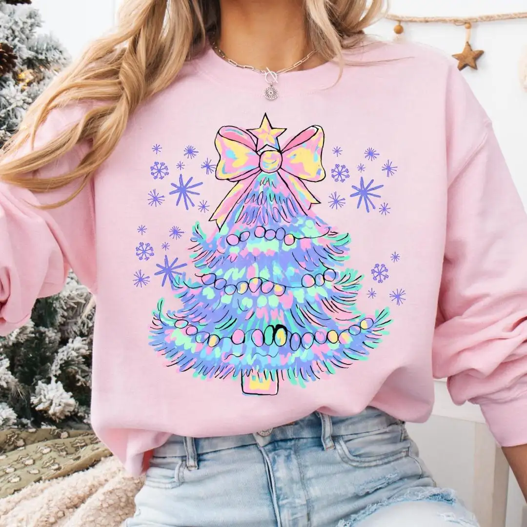 Vibrant Watercolor Christmas Tree Shirt, Holiday Party Sweater, Christmas Tree Shirt, Girls Christmas Shirt, Merry Christmas Sweatshirt